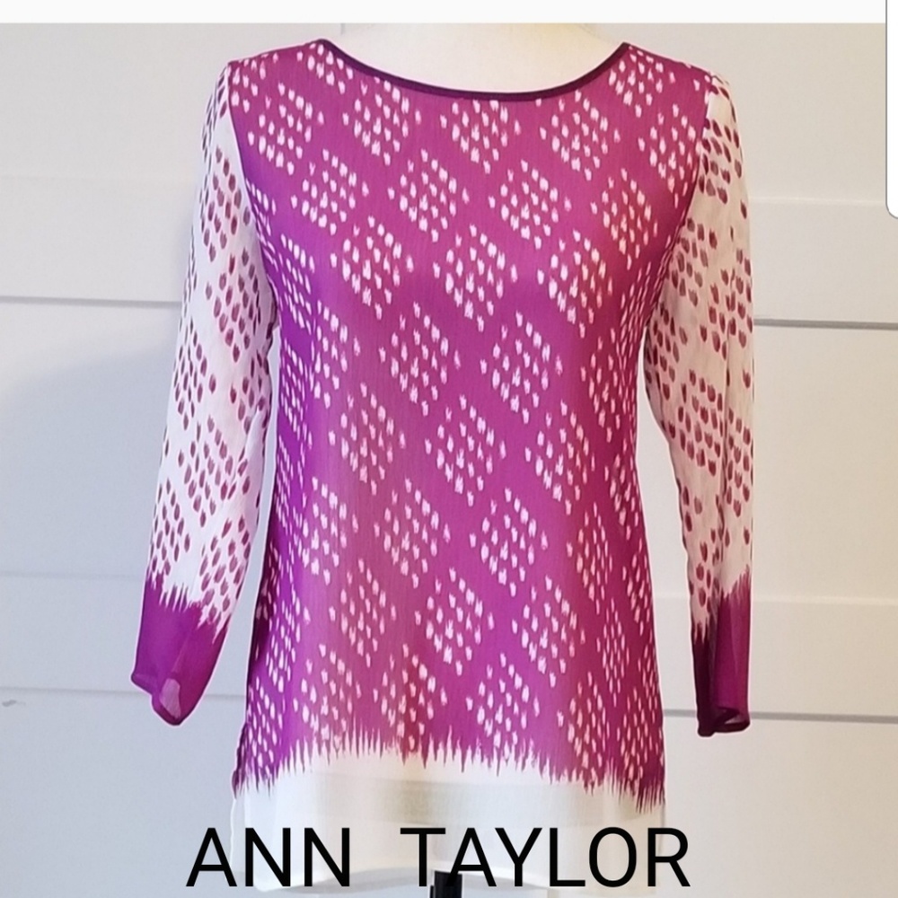 NEW Ann Taylor Sheer Diamond Print 3/4 Sleeve Top